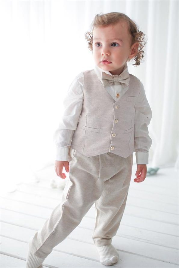 Cream Linen Vest, Pants, Shirt, and Bow Tie Set