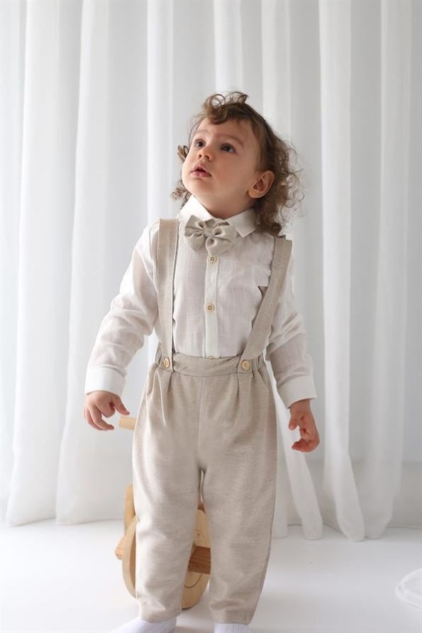 Cream Linen Vest, Pants, Shirt, and Bow Tie Set
