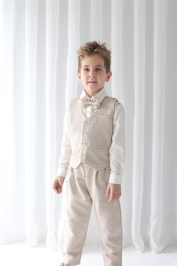 Cream Linen Vest, Pants, Shirt, and Bow Tie Set