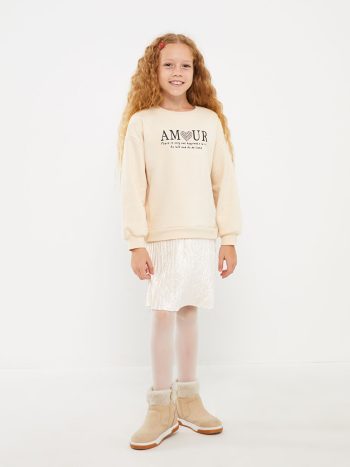 Long Sleeve Printed Girls T-Shirt with Crew Neck