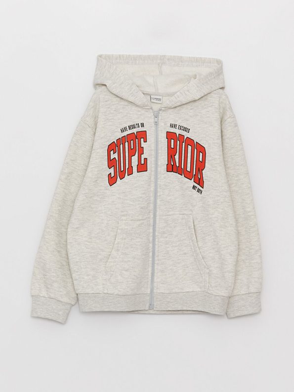 Hooded Printed Long Sleeve Boys Zippered Sweatshirt