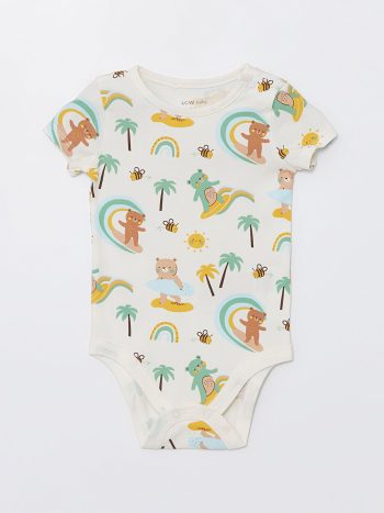 LCW Baby Cream Short Sleeve Printed Bodysuit and Pants Set