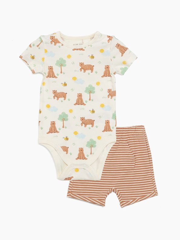 LCW Baby Ecru Short Sleeve Printed Bodysuit and Shorts Set