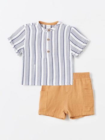 LCW Baby Cream Short Sleeve Striped Baby Boy Shirt and Shorts Set