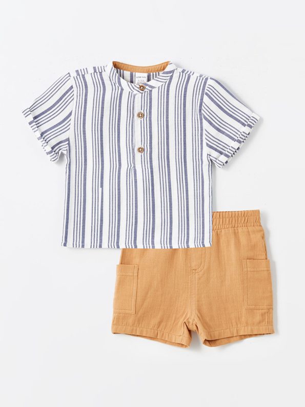 LCW Baby Cream Short Sleeve Striped Baby Boy Shirt and Shorts Set