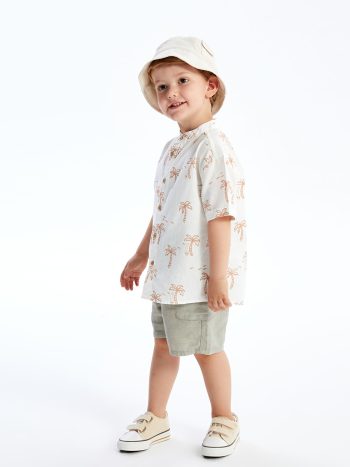LCW Kids Cream Mandarin Collar Short Sleeve Printed Baby Boy Shirt