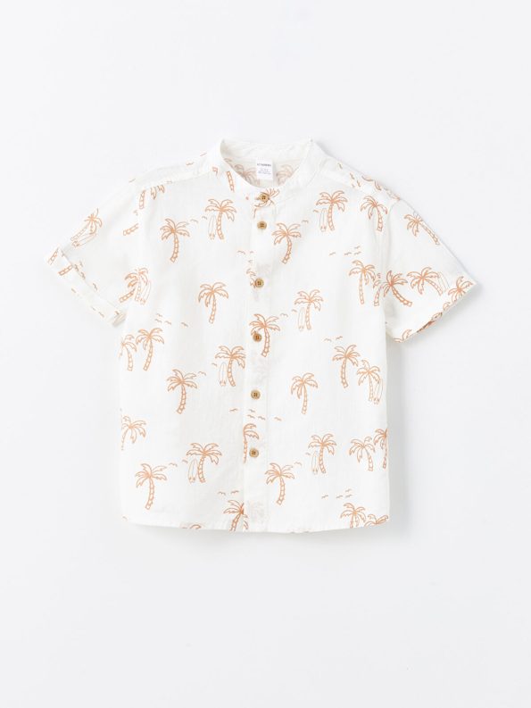 LCW Kids Cream Mandarin Collar Short Sleeve Printed Baby Boy Shirt