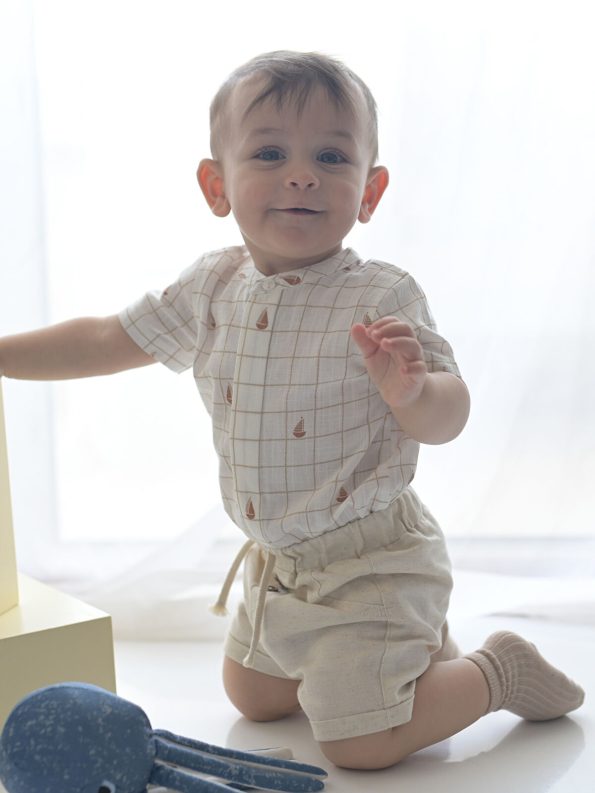 KANZ Cream Collar Short Sleeve Baby Boys Shirt and Shorts Set
