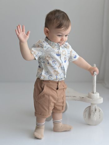 KANZ Ecru Short Sleeve Printed Baby Boy Shirt and Shorts Set