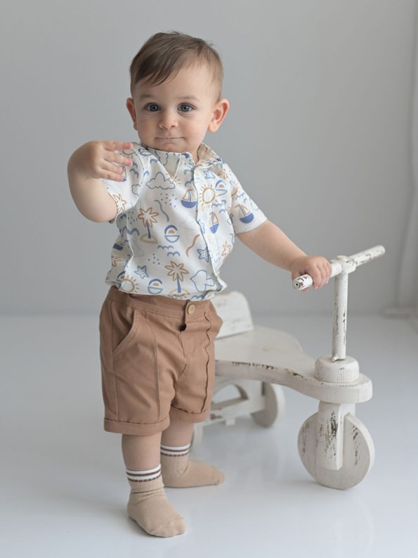 KANZ Ecru Short Sleeve Printed Baby Boy Shirt and Shorts Set