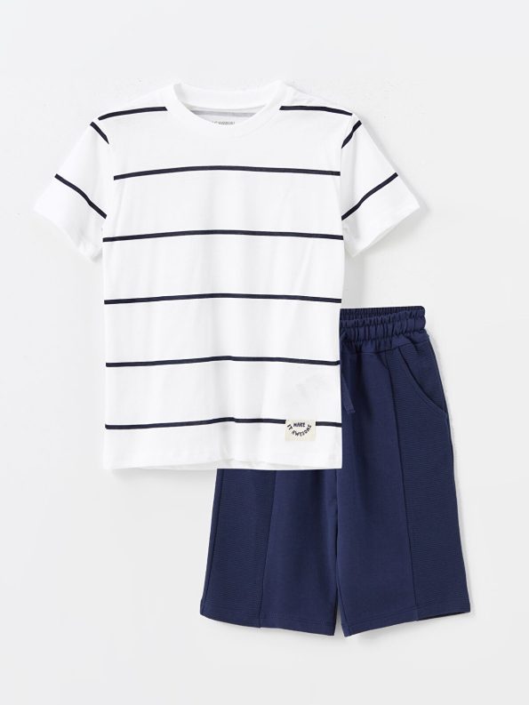 LCW Kids Gray Crew Neck Printed Boys' T-Shirt and Shorts Set