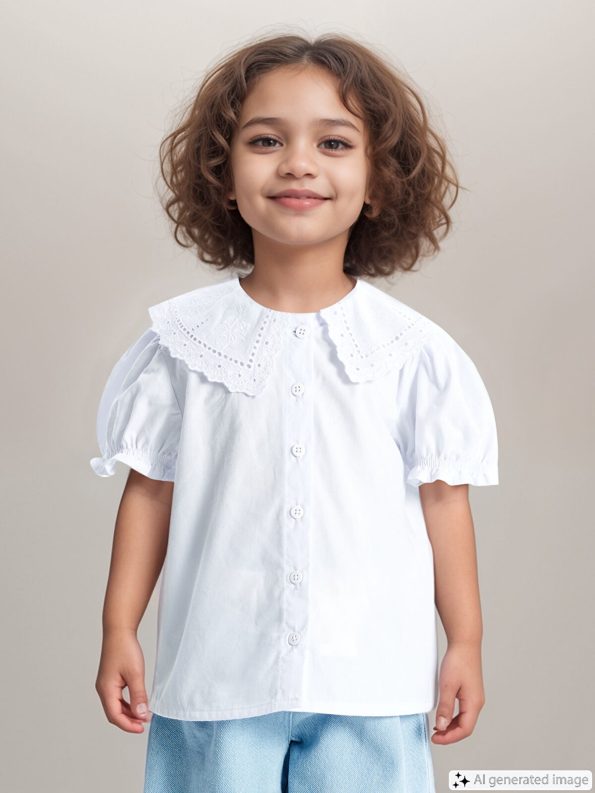 LCW Kids Cream Embroidered Peter Pan Collar Short Sleeve Shirt