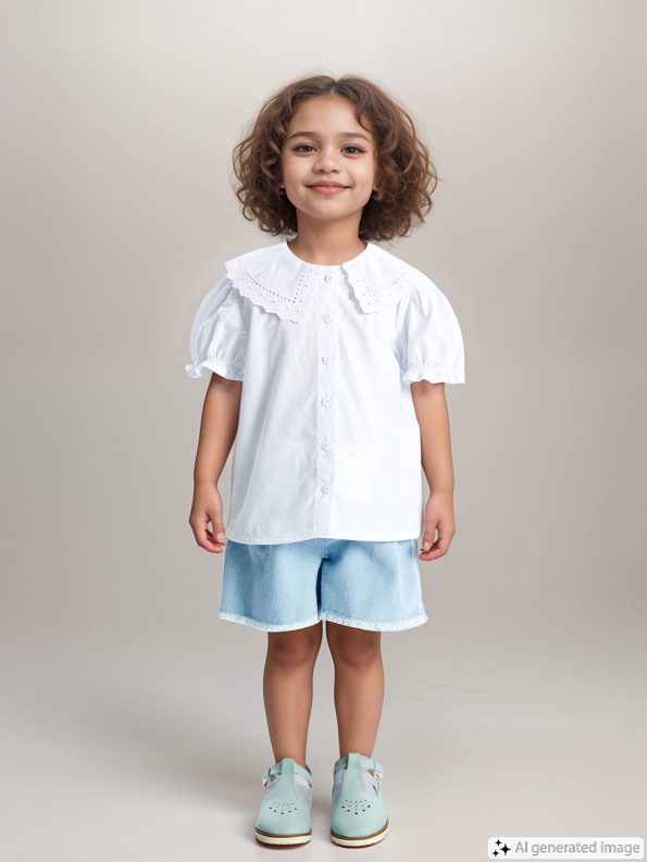 LCW Kids Cream Embroidered Peter Pan Collar Short Sleeve Shirt