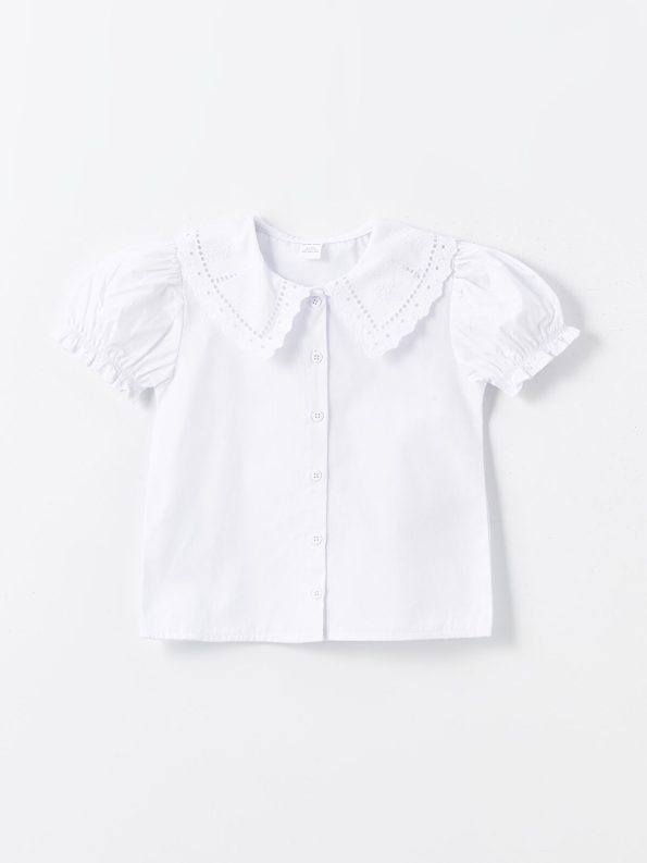 LCW Kids Cream Embroidered Peter Pan Collar Short Sleeve Shirt
