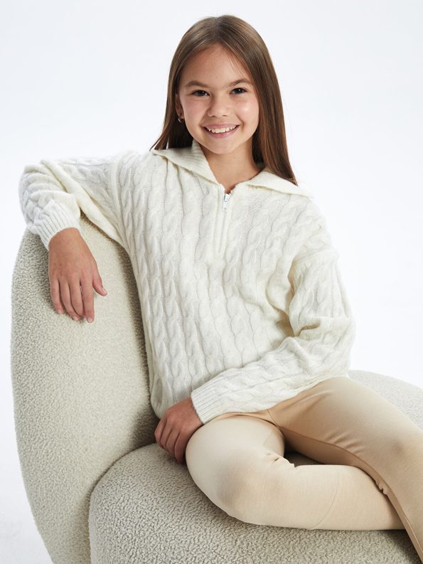 LCW Kids Cream Polo Neck Knit Sweater for Girls
