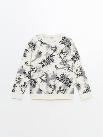 LCW Kids Cream Crew Neck Christmas Themed Boys Sweatshirt