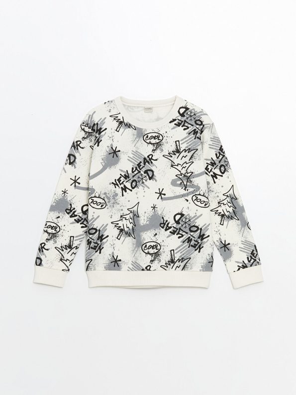 LCW Kids Cream Crew Neck Christmas Themed Boys Sweatshirt
