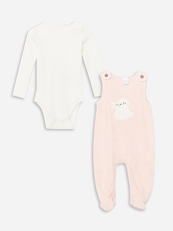 LCW Baby Pink Embroidered Girl's Dungaree and Bodysuit Set