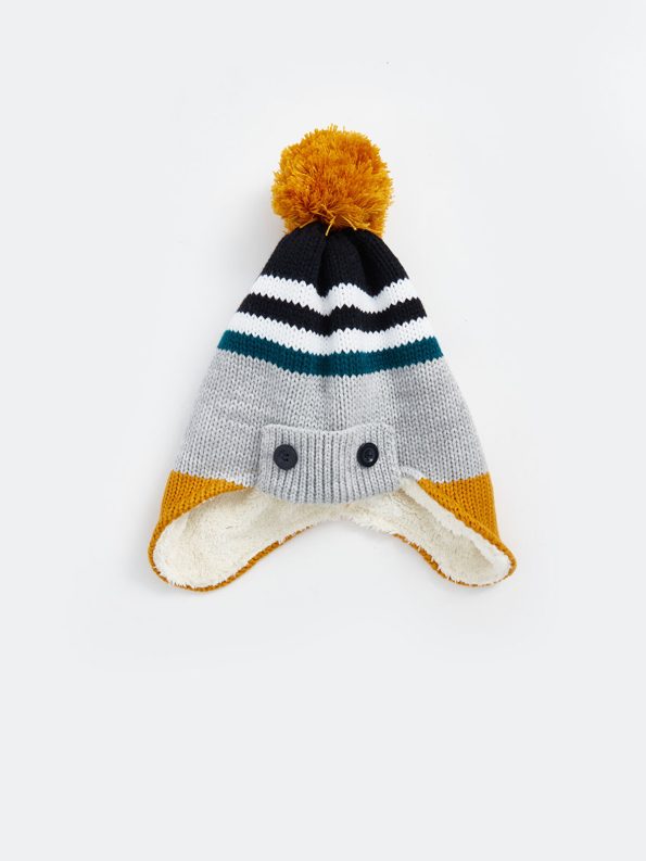 Gray Color Block Pom-Pom Beanie for Boys
