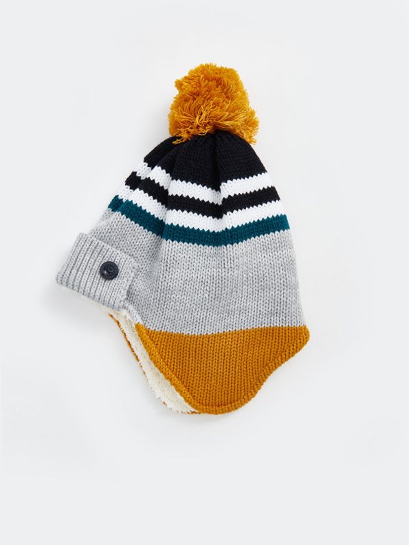 Gray Color Block Pom-Pom Beanie for Boys