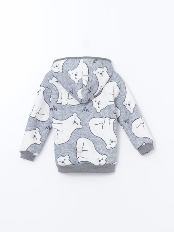 LCW Baby Gray Hooded Printed Baby Cardigan