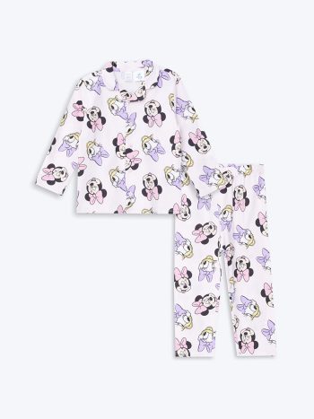 LCW Baby Pink Polo Collar Long Sleeve Minnie Mouse Printed Pajama Set