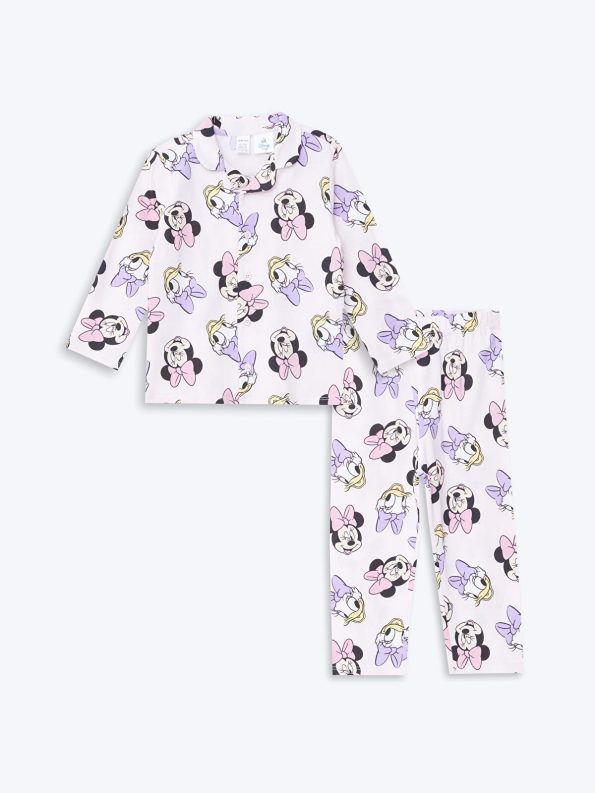 LCW Baby Pink Polo Collar Long Sleeve Minnie Mouse Printed Pajama Set