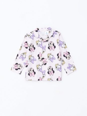 LCW Baby Pink Polo Collar Long Sleeve Minnie Mouse Printed Pajama Set