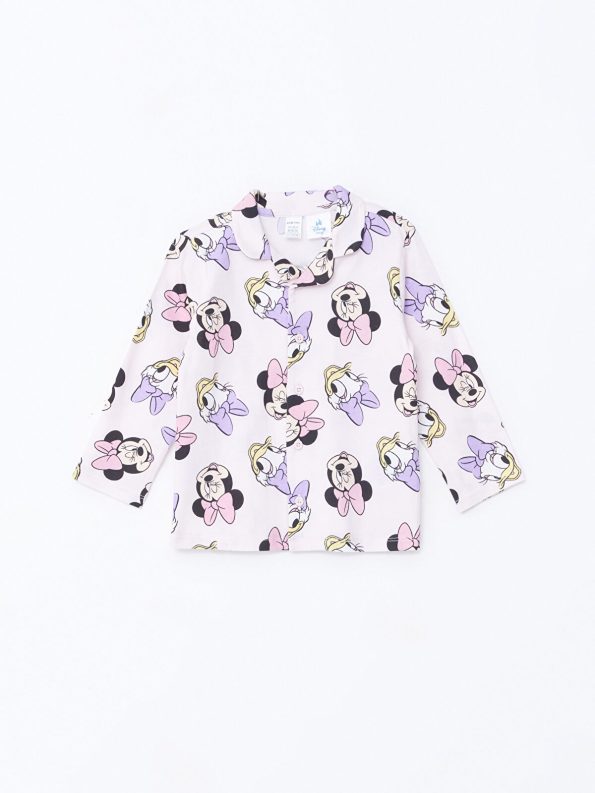 LCW Baby Pink Polo Collar Long Sleeve Minnie Mouse Printed Pajama Set