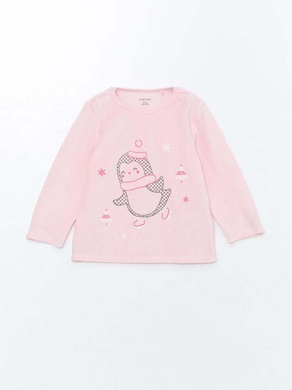 LCW Baby Pink Velvet Bicycle Neck Pajama Set for Girls
