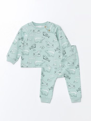LCW Baby Green Crew Neck Printed Boys Cardigan and Pants Set
