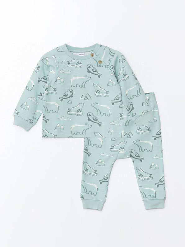LCW Baby Green Crew Neck Printed Boys Cardigan and Pants Set