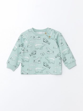 LCW Baby Green Crew Neck Printed Boys Cardigan and Pants Set