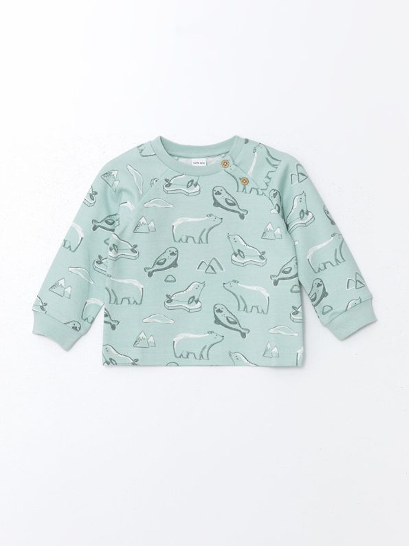 LCW Baby Green Crew Neck Printed Boys Cardigan and Pants Set