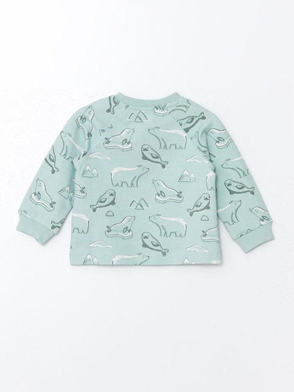 LCW Baby Green Crew Neck Printed Boys Cardigan and Pants Set