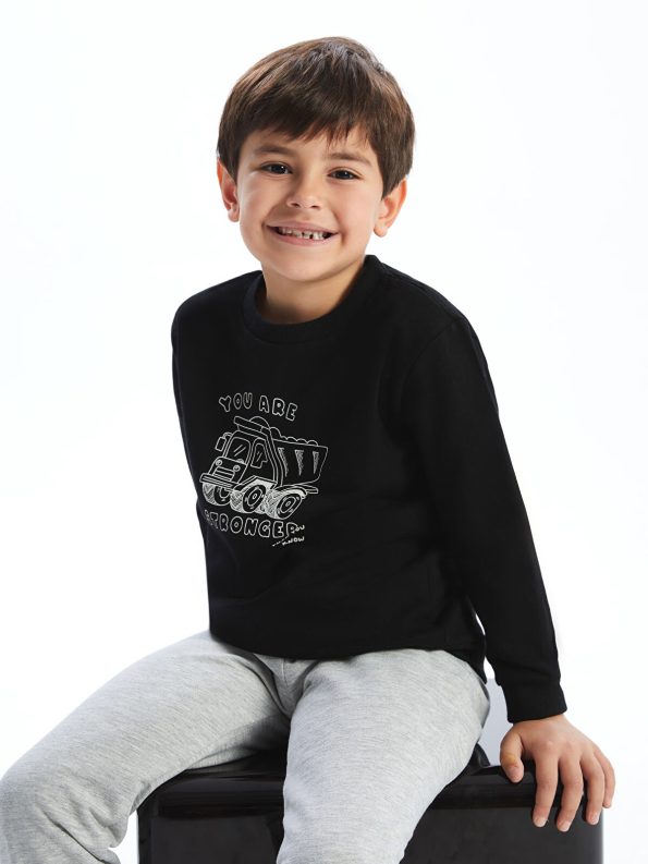 LCW Kids Black Printed Crew Neck Sweatshirt and Pants Set