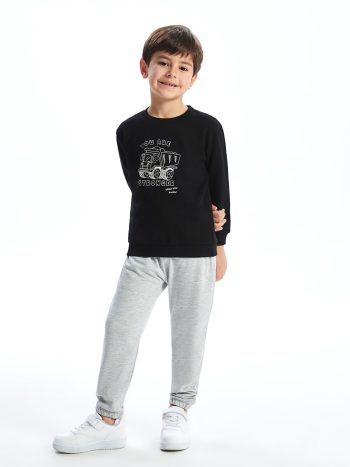 LCW Kids Black Printed Crew Neck Sweatshirt and Pants Set