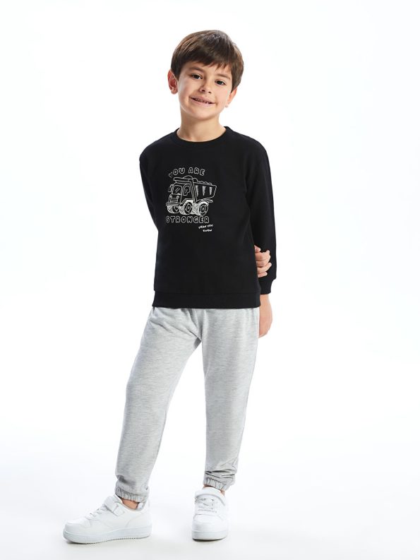 LCW Kids Black Printed Crew Neck Sweatshirt and Pants Set