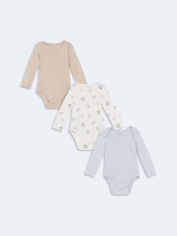 LCW Baby Ecru Printed Long Sleeve Bodysuit Set for Boys