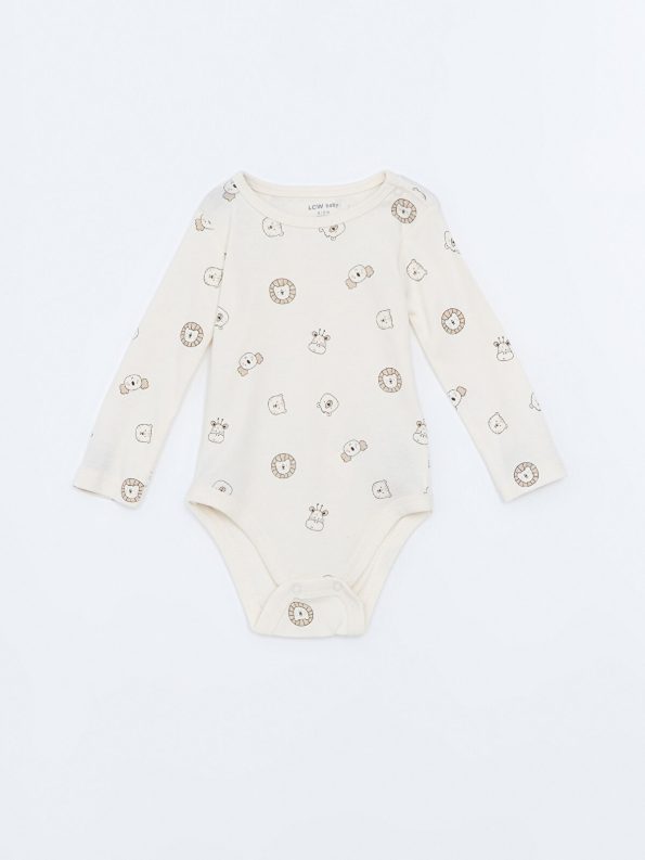 LCW Baby Ecru Printed Long Sleeve Bodysuit Set for Boys