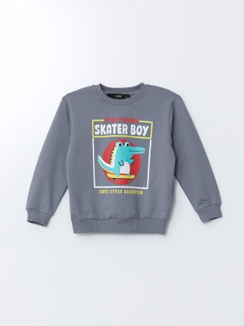 LCW Kids Anthracite Print Crew Neck Sweatshirt for Baby Boys