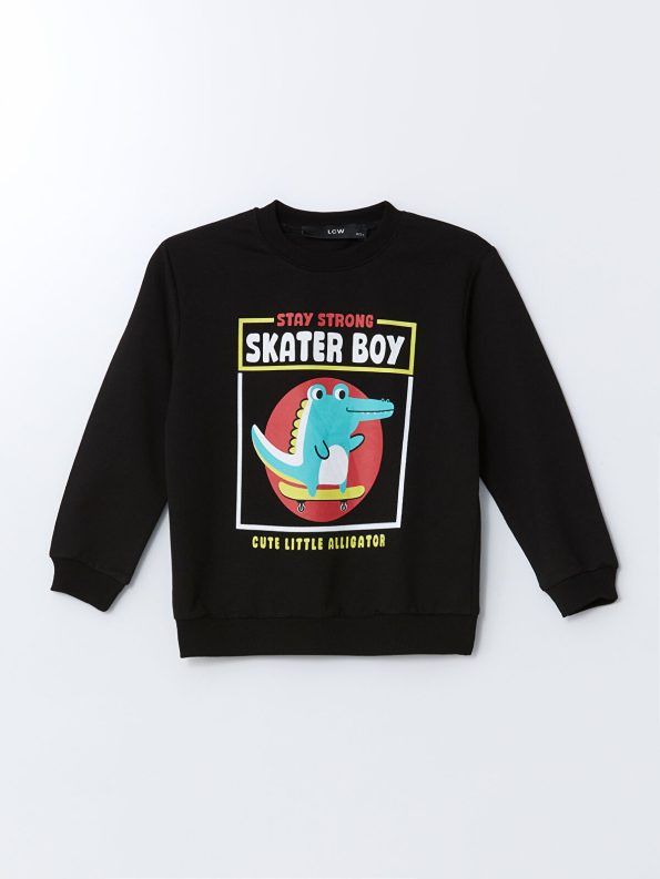 LCW Kids Black Crew Neck Printed Baby Boy Sweatshirt