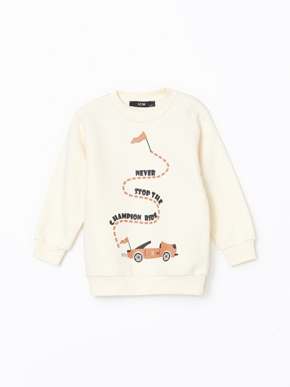 LCW Kids Cream Printed Crew Neck Sweatshirt for Boys