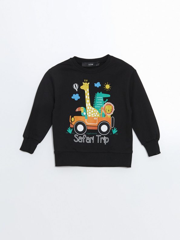 LCW Kids Black Crew Neck Thick Sweatshirt for Boys