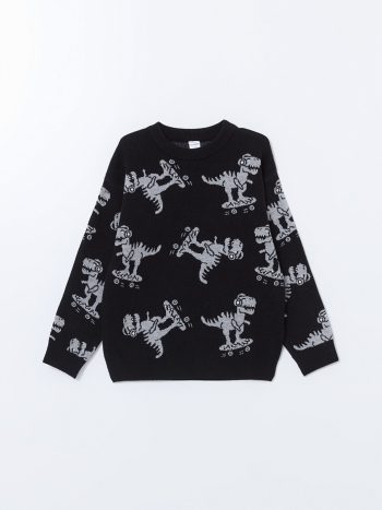 LCW Kids Black Printed Crew Neck Sweater for Boys