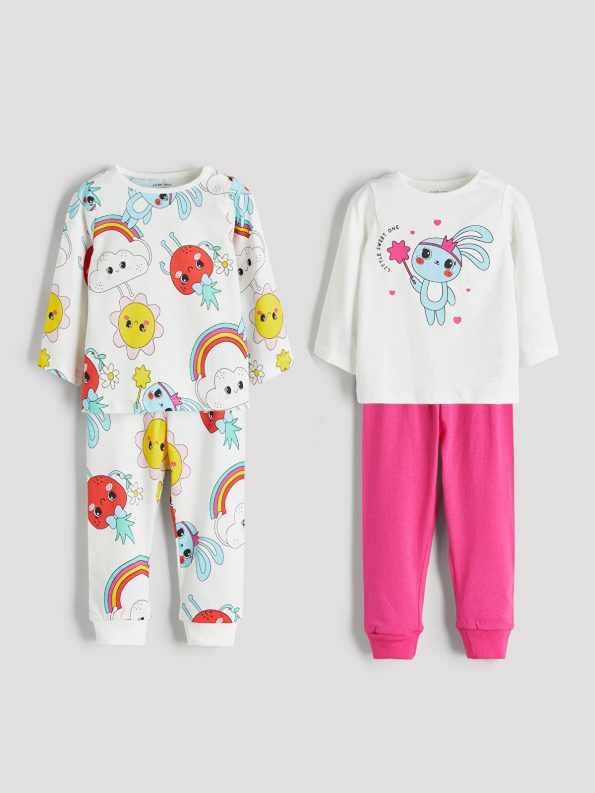 LCW Baby Cream Crew Neck Girl Baby Pajama Set 2-Piece