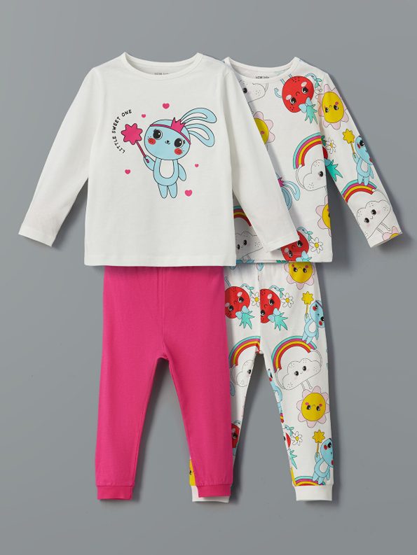 LCW Baby Cream Crew Neck Girl Baby Pajama Set 2-Piece