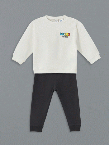 LCW Baby Beige Mickey Mouse Printed Sweatshirt and Sweatpants Set
