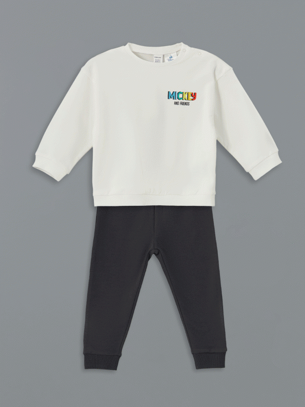 LCW Baby Beige Mickey Mouse Printed Sweatshirt and Sweatpants Set