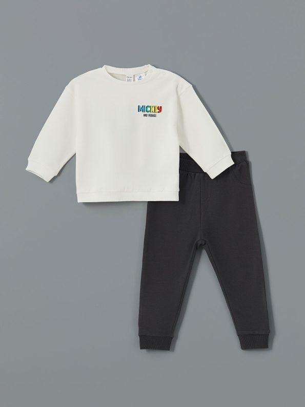 LCW Baby Beige Mickey Mouse Printed Sweatshirt and Sweatpants Set